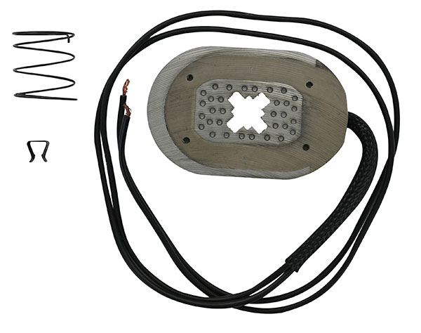 Image of electric backing plate magnet with its retaining clip and spring beside it image shows clear cross section cut out in centre of magnet