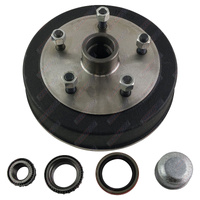 Trailer Hub Drum 10'' Inch Land Cruiser 5 Stud With SL Bearings Dust Cap and Seals - Natural Steel